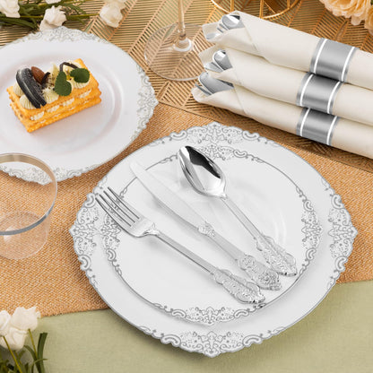 Goodluck 400 Pack Silver Plastic Silverware with Pre-Rolled Napkins for 100 Guests