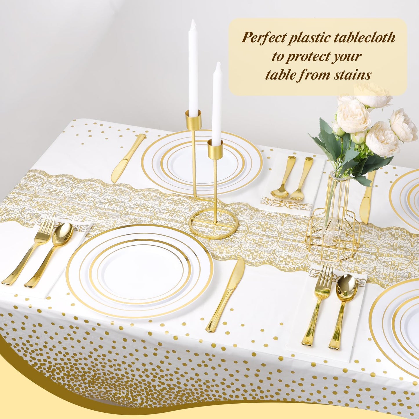 Goodluck 54 Inch X 300 Feet White Gold Dot Plastic Table Cloths with Cutter Box