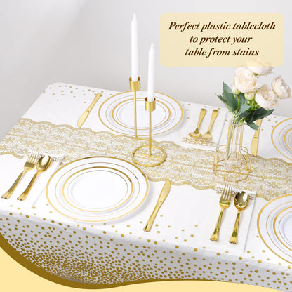 Goodluck 54 Inch X 300 Feet White Gold Dot Plastic Table Cloths with Cutter Box