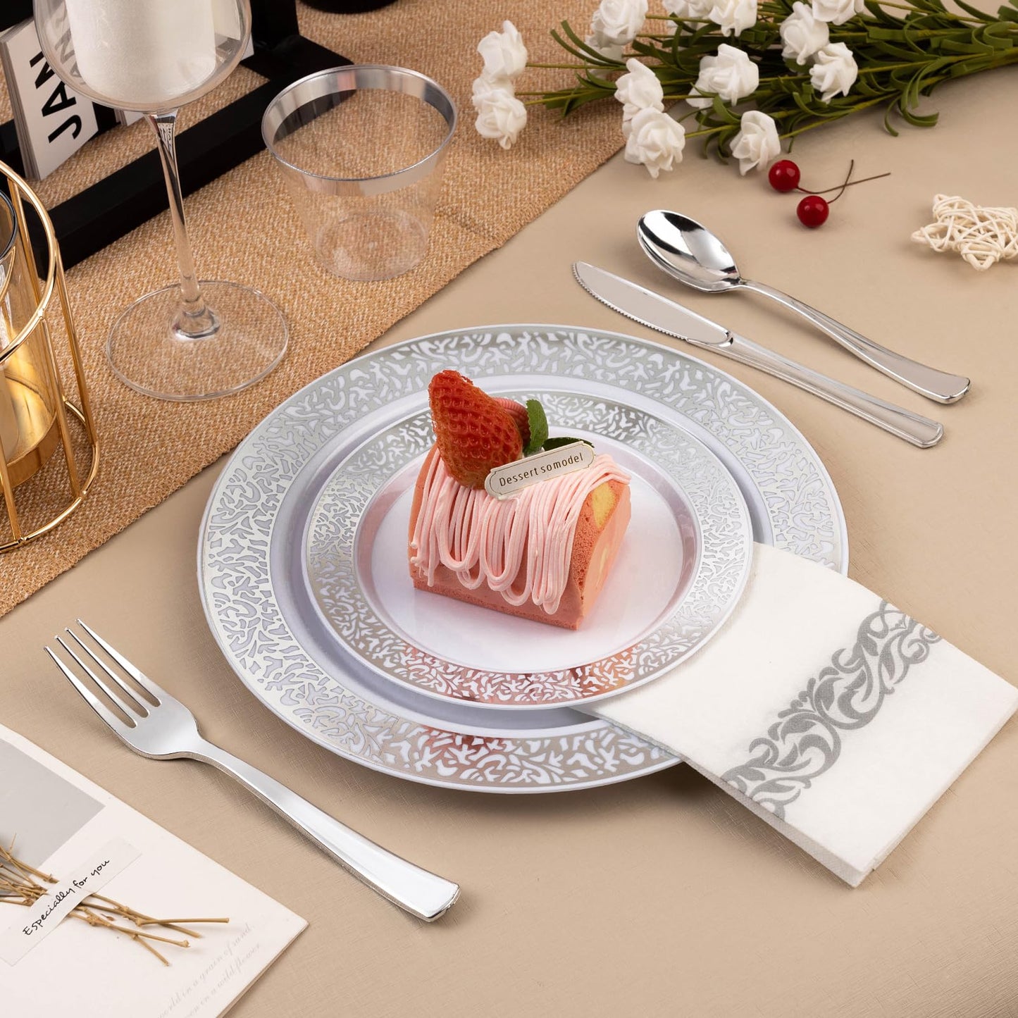 Goodluck 700PCS Disposable Silver Plastic Dinnerware Sets for 100 Guests