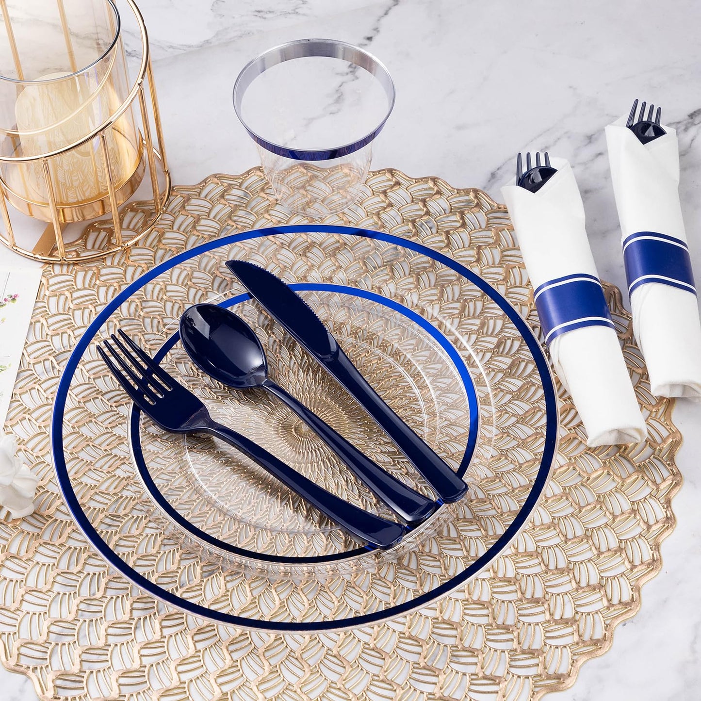 Goodluck Clear with Dark Blue Rim Plastic Dinnerware Set