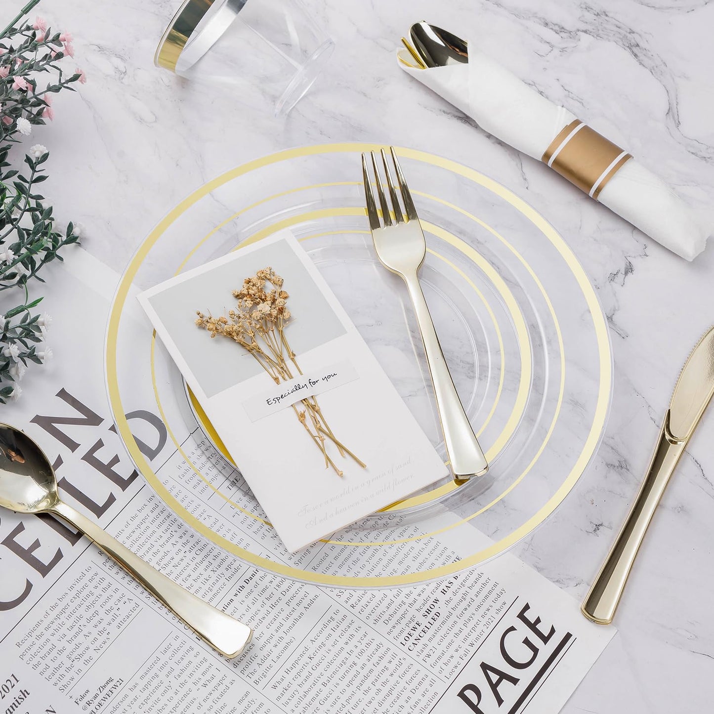 Goodluck 350-Piece Disposable Clear Gold Plastic Dinnerware Set for 50 Guests