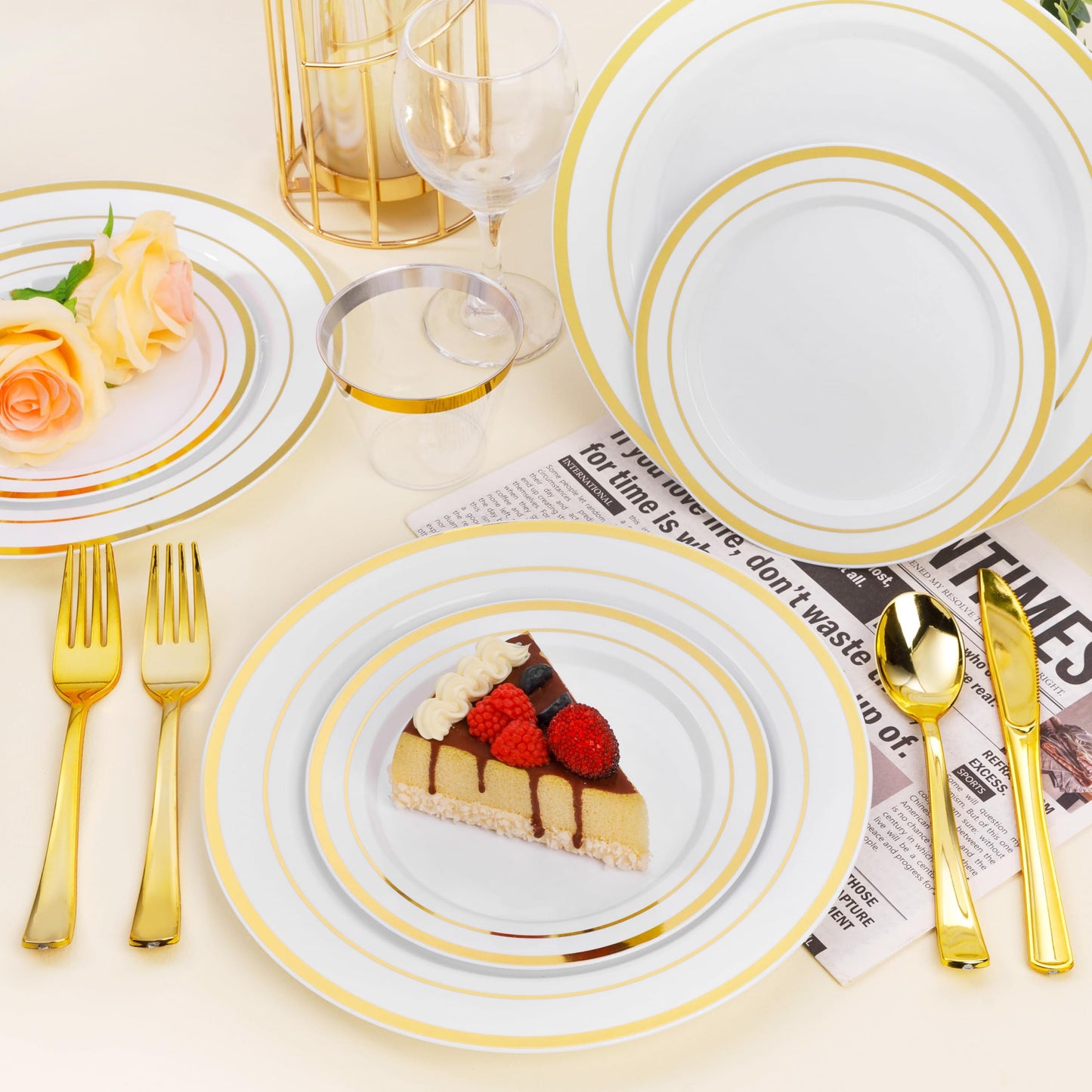 Goodluck 10.25 Inch White with Double Gold Rim Plastic Plates for Party