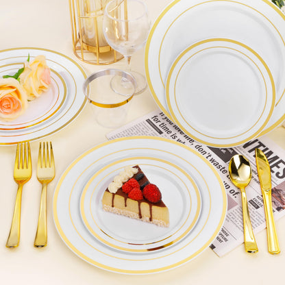 Goodluck 10.25 Inch White with Double Gold Rim Plastic Plates for Party