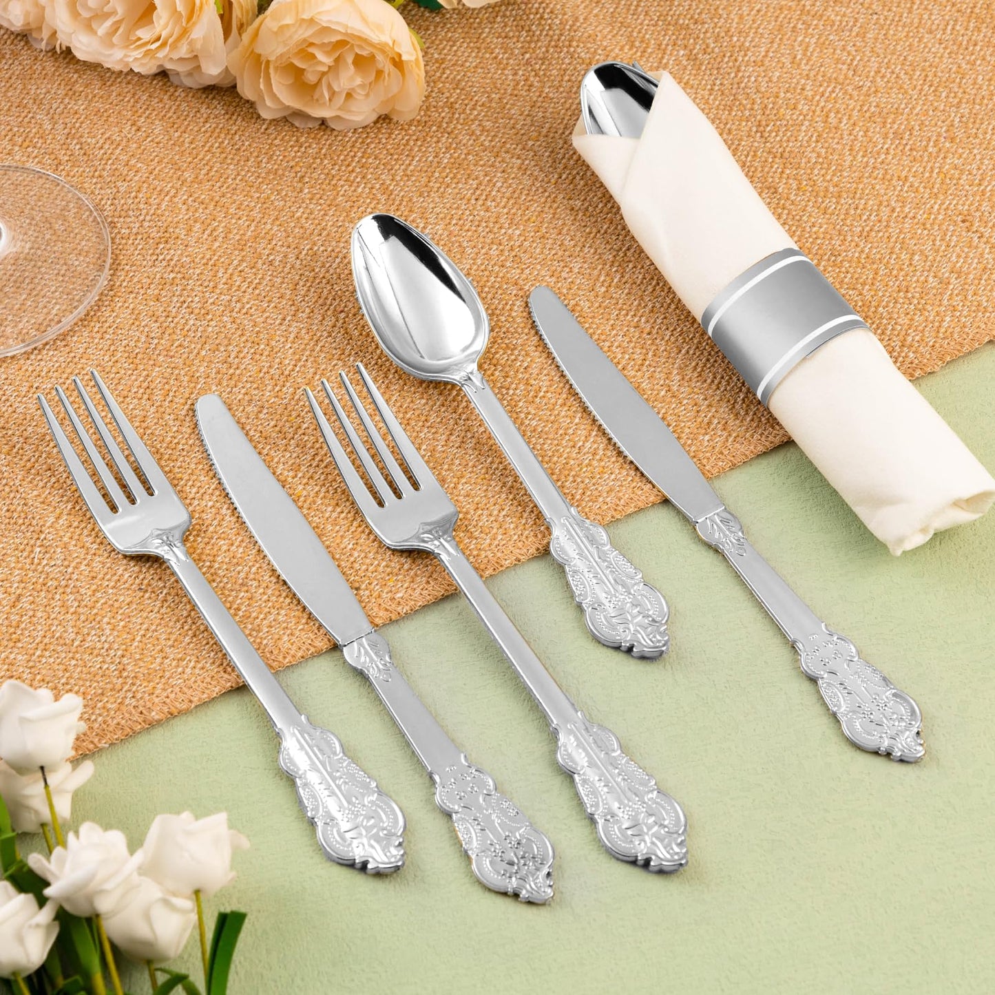 Goodluck 400 Pack Silver Plastic Silverware with Pre-Rolled Napkins for 100 Guests
