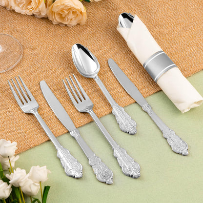 Goodluck 400 Pack Silver Plastic Silverware with Pre-Rolled Napkins for 100 Guests
