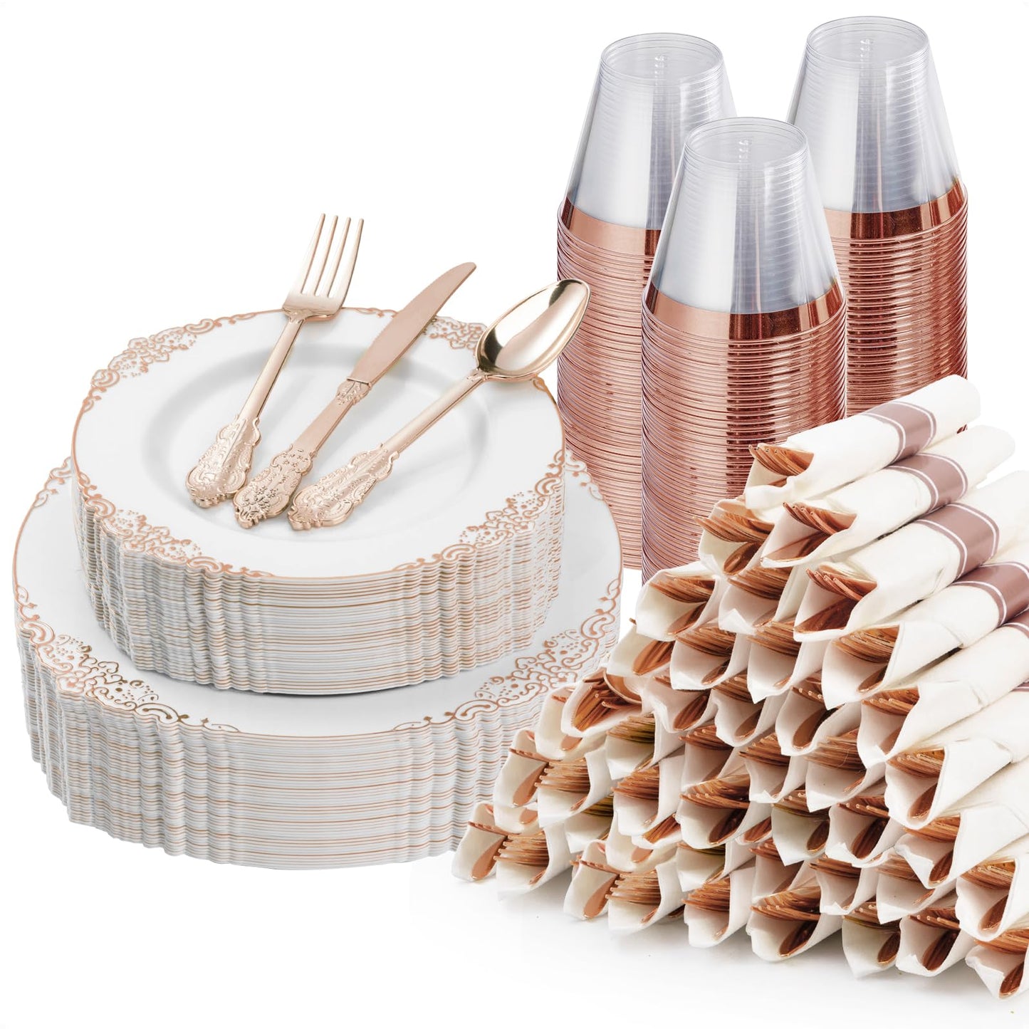 Goodluck 350PCS Disposable Rose Gold Plastic Dinnerware Sets for 50 Guests