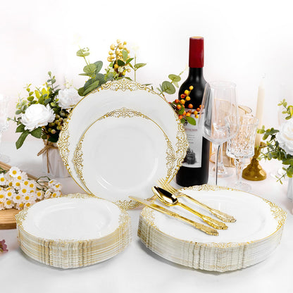 Goodluck Disposable White and Gold Plastic Plates for Party, Wedding and Graduation