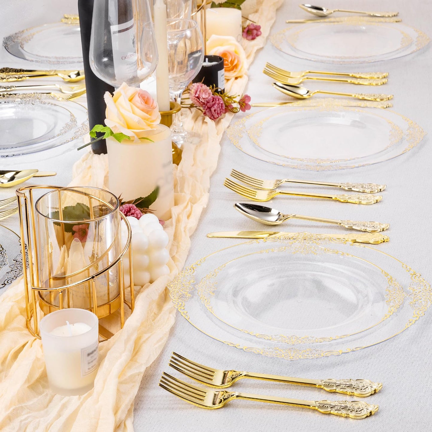 Goodluck 200 PCS Disposable Clear with Gold Rim Plastic Plates for 100 Guests