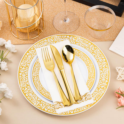 Goodluck 700PCS Disposable Gold Plastic Dinnerware Set for 100 Guests