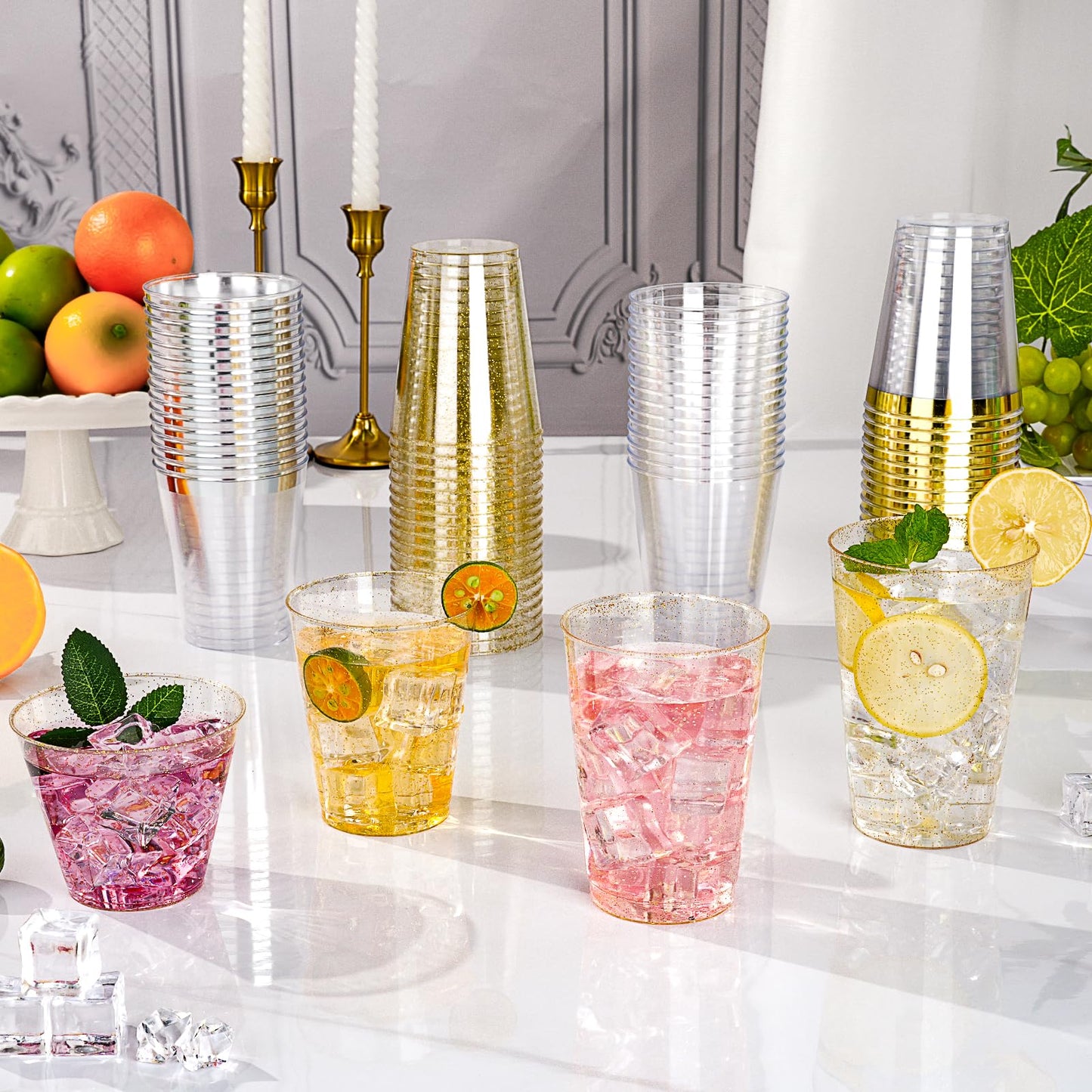 Goodluck 14 oz Disposable Gold Glitter Plastic Cups