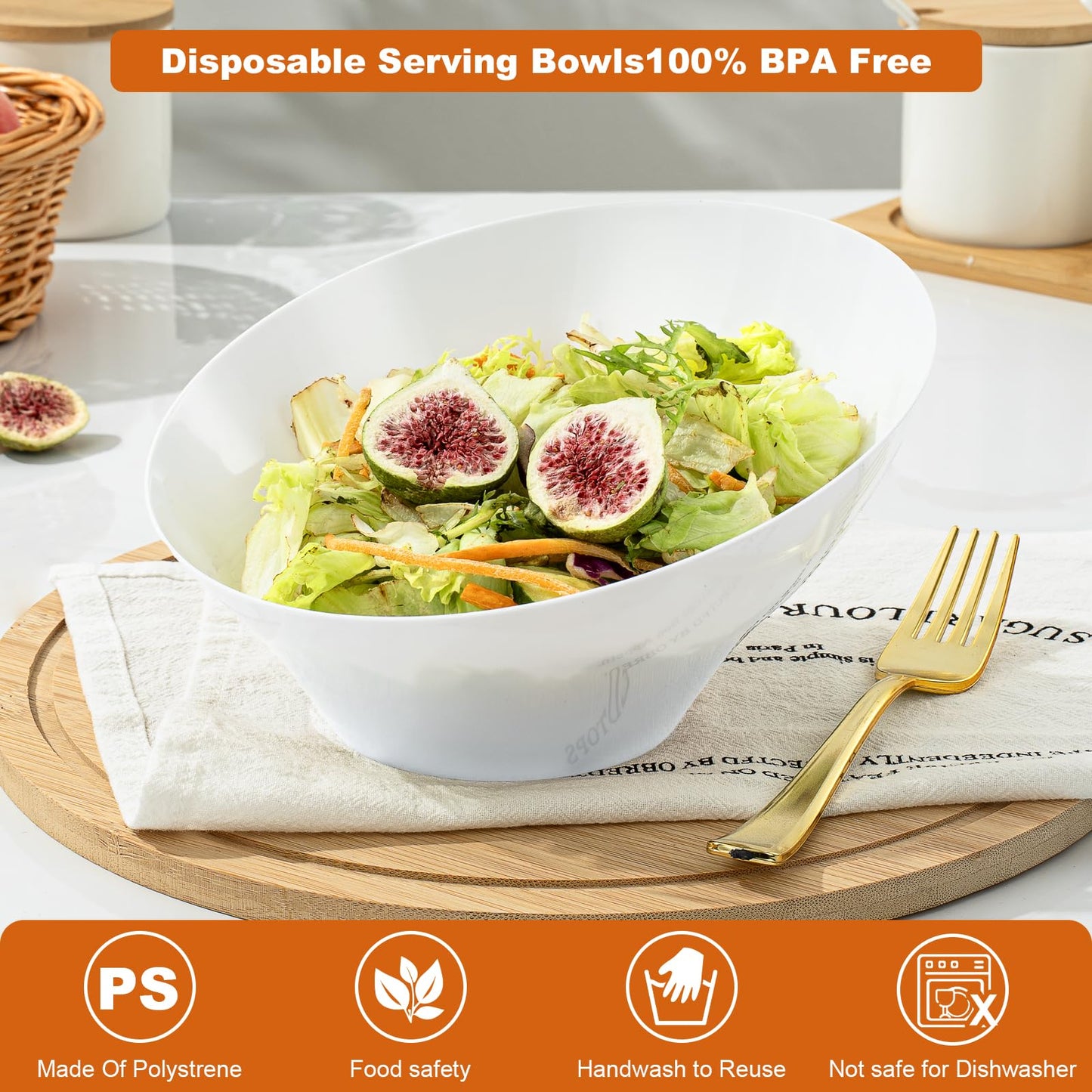 Goodluck Disposable 20 OZ Angled White Plastic Serving Bowls for Salad & Fruit