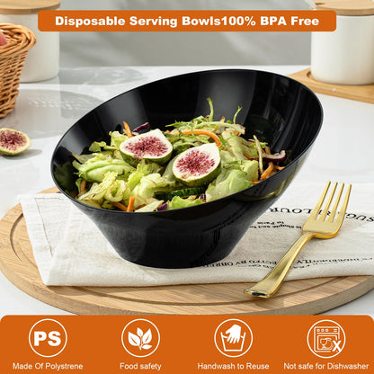Goodluck 12 Pack Disposable 20 OZ Angled Black Plastic Serving Bowls for Salad & Fruit