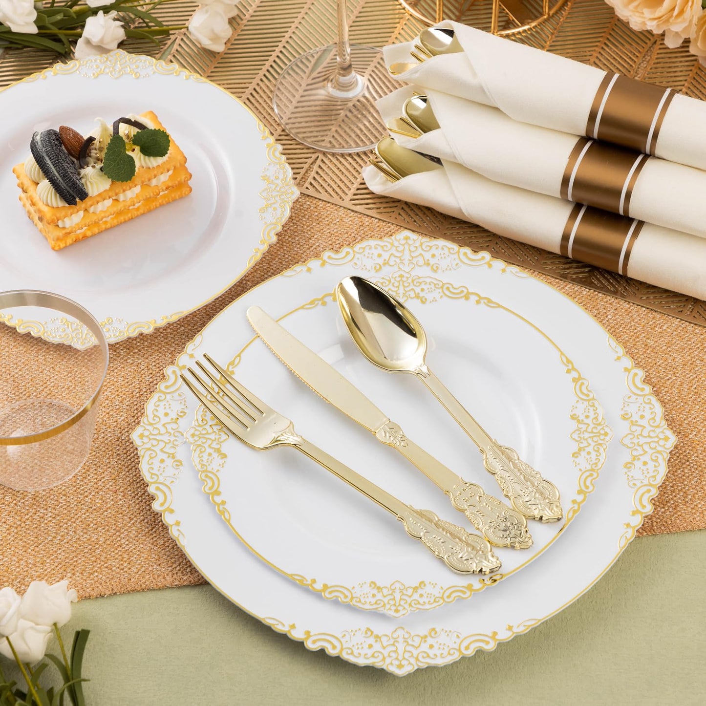 Goodluck 400 Pack Disposable Gold Utensil Sets with Pre-Rolled Napkins for 100 Guests