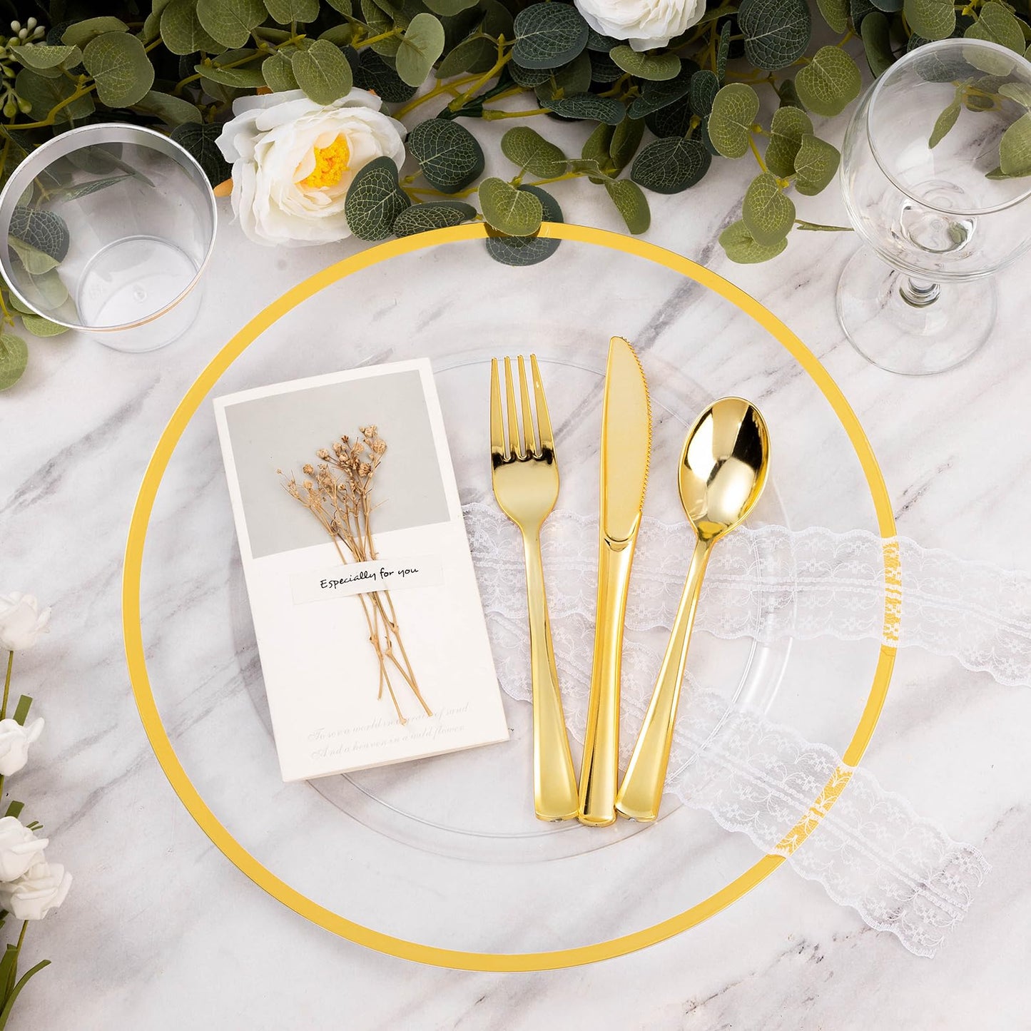 Goodluck 12 Inch 50 Pack Clear Charger Plates with Gold Trim