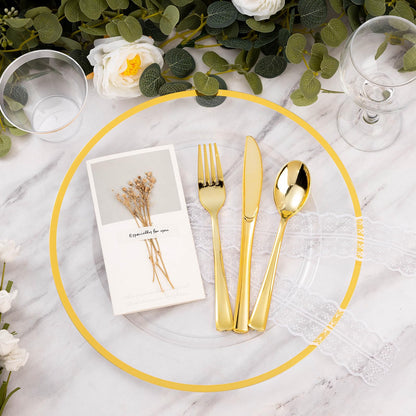 Goodluck 12 Inch 50 Pack Clear Charger Plates with Gold Trim