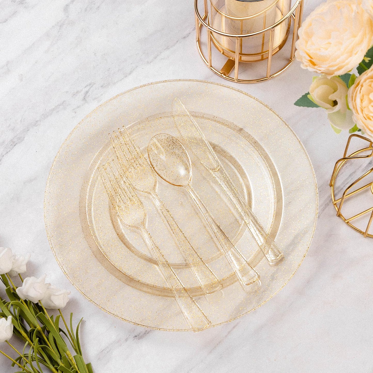 Goodluck Disposable Heavy Duty Gold Glitter Plastic Forks for Weddings, Parties, Dinners, and Thanksgiving