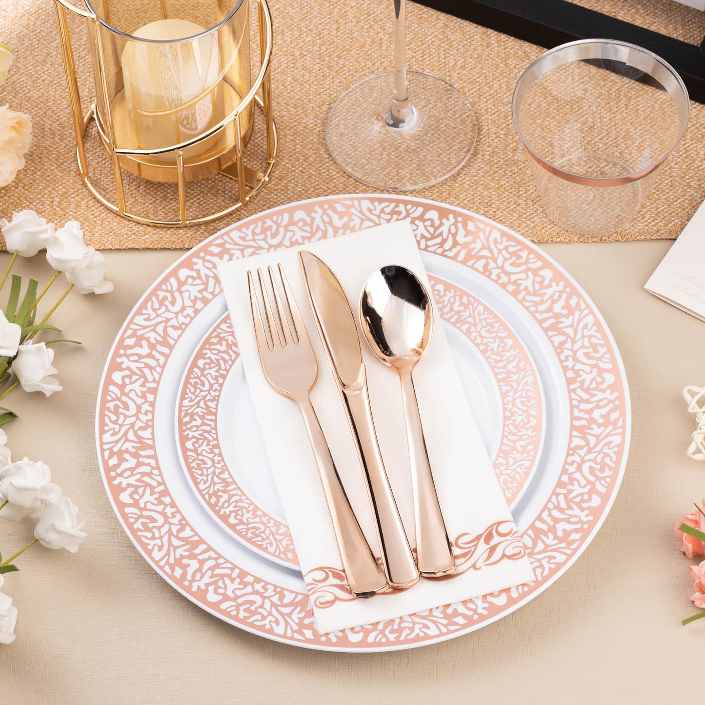 Goodluck 700-Piece Disposable Relief Rose Gold Plastic Dinnerware Set for 100 Guests