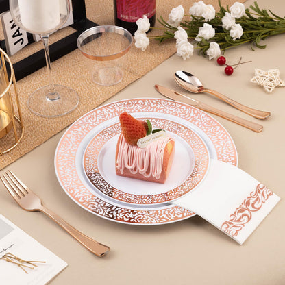 Goodluck 700-Piece Disposable Relief Rose Gold Plastic Dinnerware Set for 100 Guests