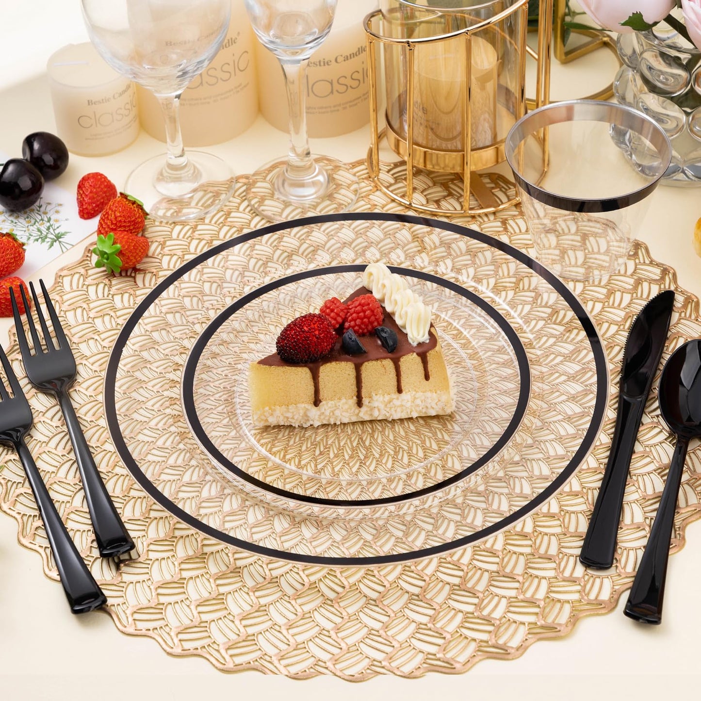 Goodluck Disposable Clear with Black Rim Plastic Plate Set for Parties