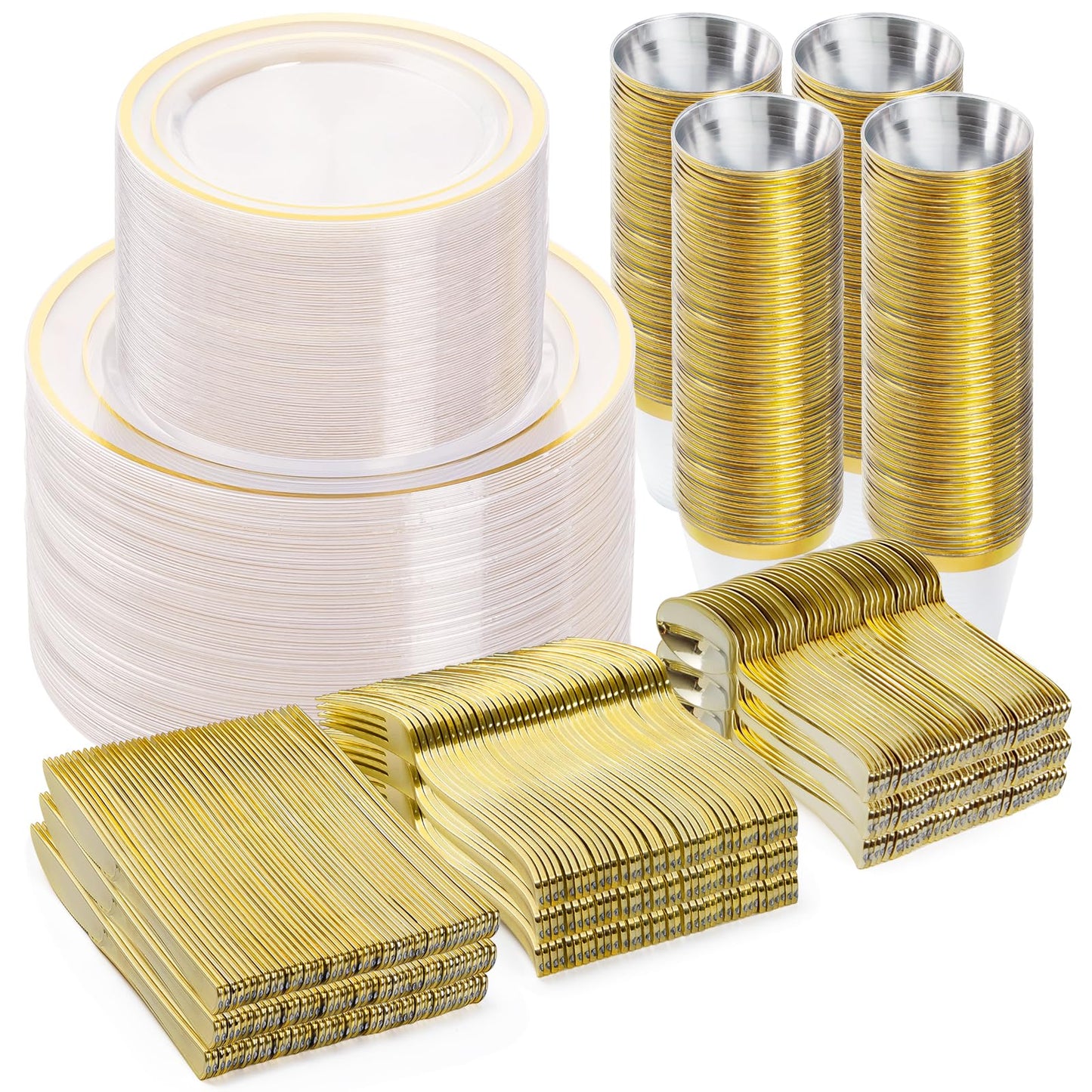 Goodluck 600PCS Clear Gold Dinnerware Set for 100 Guests