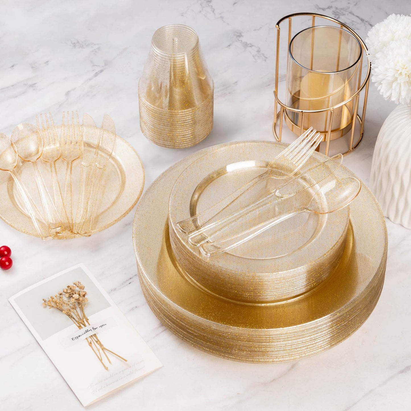 Goodluck Disposable Heavy Duty Gold Glitter Plastic Forks for Weddings, Parties, Dinners, and Thanksgiving