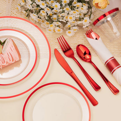 Goodluck Disposable Clear with Red Rim Plastic Dinnerware Set