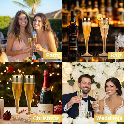 Goodluck 6.5 oz Disposable Plastic Gold Glitter Champagne Flutes with Gold Rim for Wedding, Engagement, Party, Mimosa Bar
