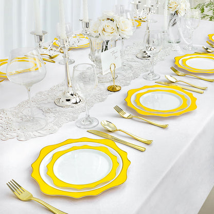 Goodluck 100 PCS White with Yellow Rim Disposable Scalloped Plastic Plates for Party, Wedding, and Graduation