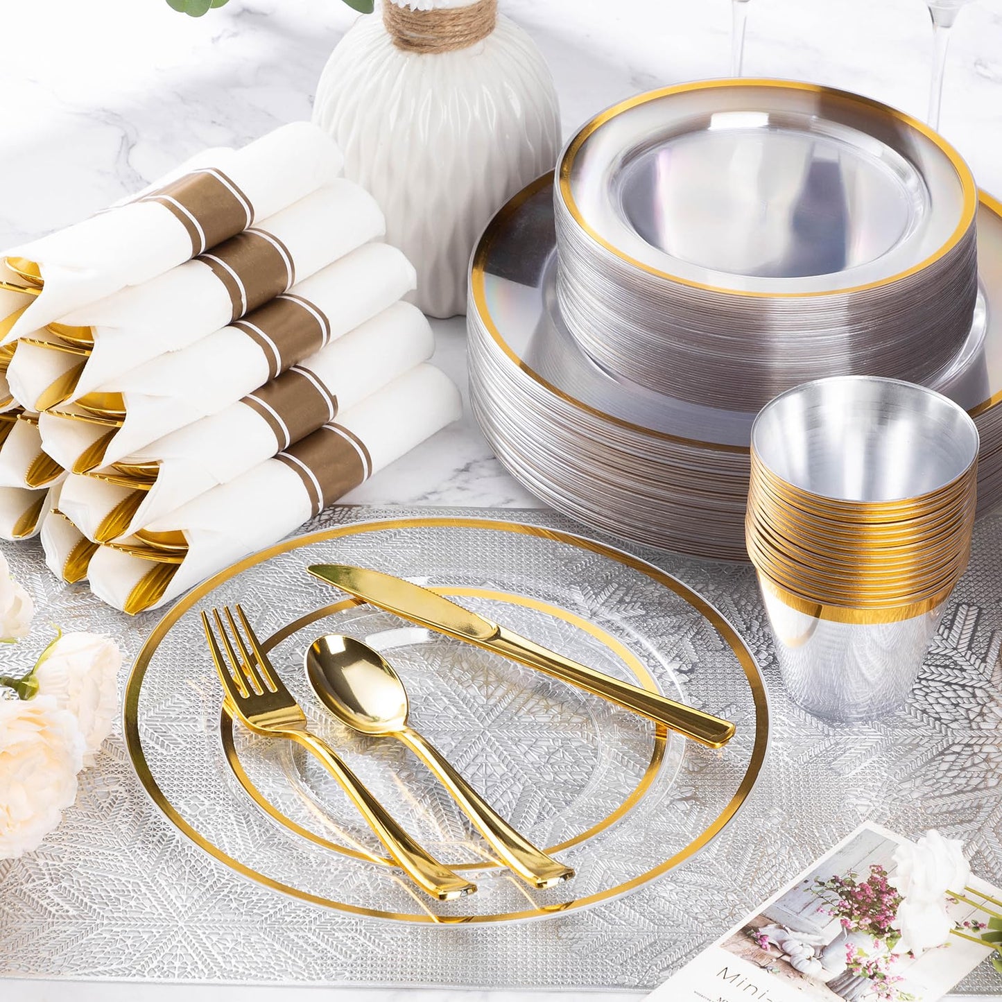 Goodluck 350 Piece Disposable Clear with Gold Rim Plastic  Dinnerware Set for 50 Guests