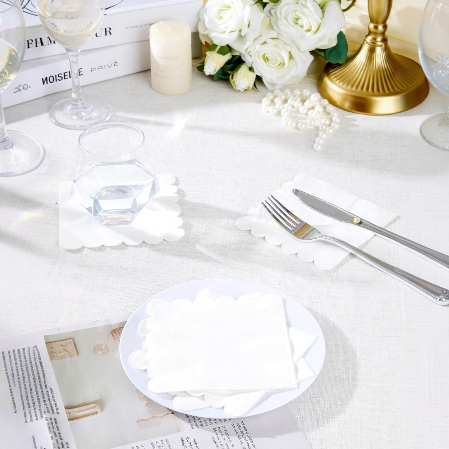 100-Pack 2-Ply 5 x 5 Inches Scalloped Disposable Napkins for Wedding, Birthday, Valentine's Day, and Baby Christening Party Decorations