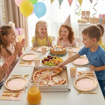 Gold Foil Polka Dot Disposable Party Paper Tableware Set for Birthday, Baby Shower, and Wedding