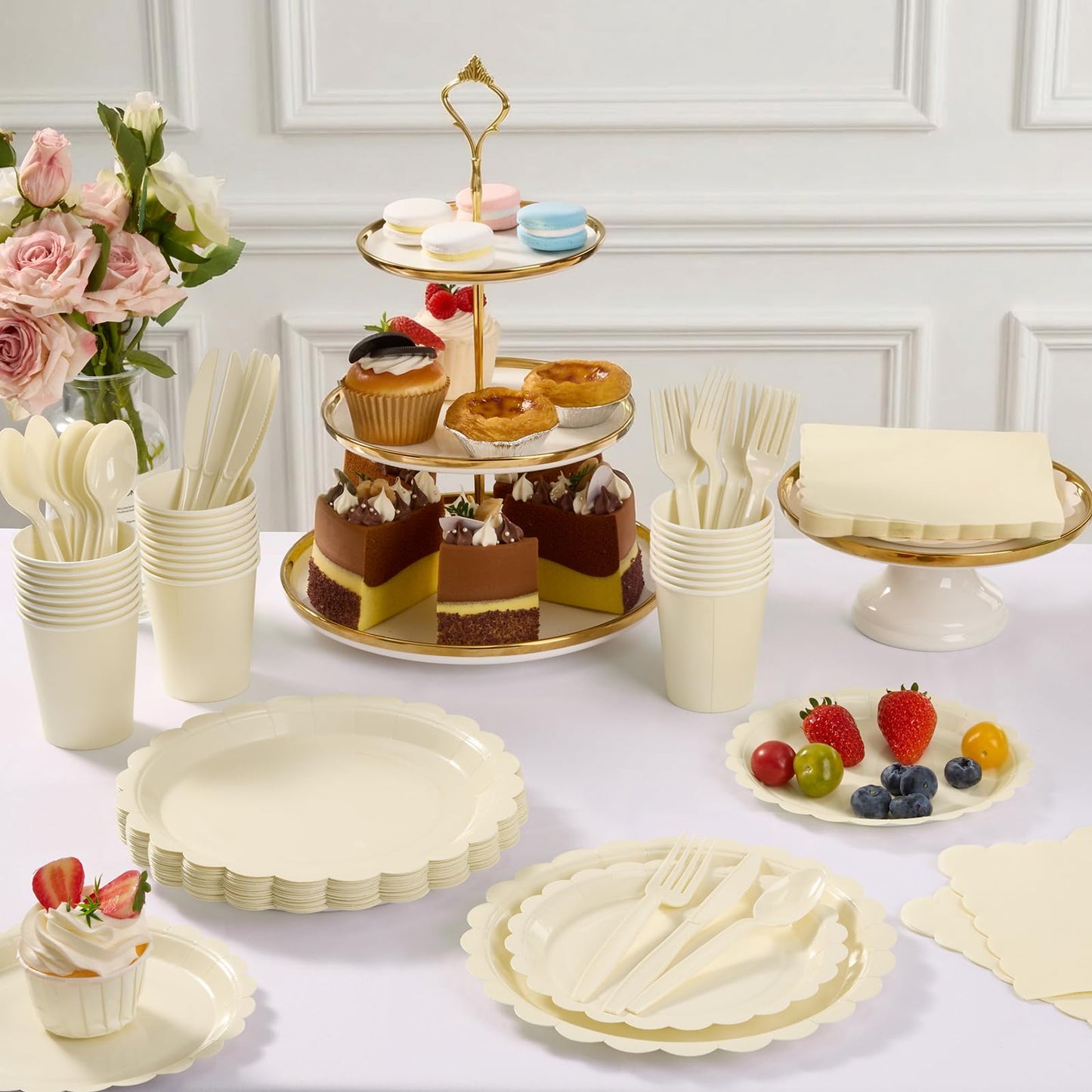 Fancy Disposable Paper Dinnerware Set for Birthday, Wedding, Bridal, and Baby Shower