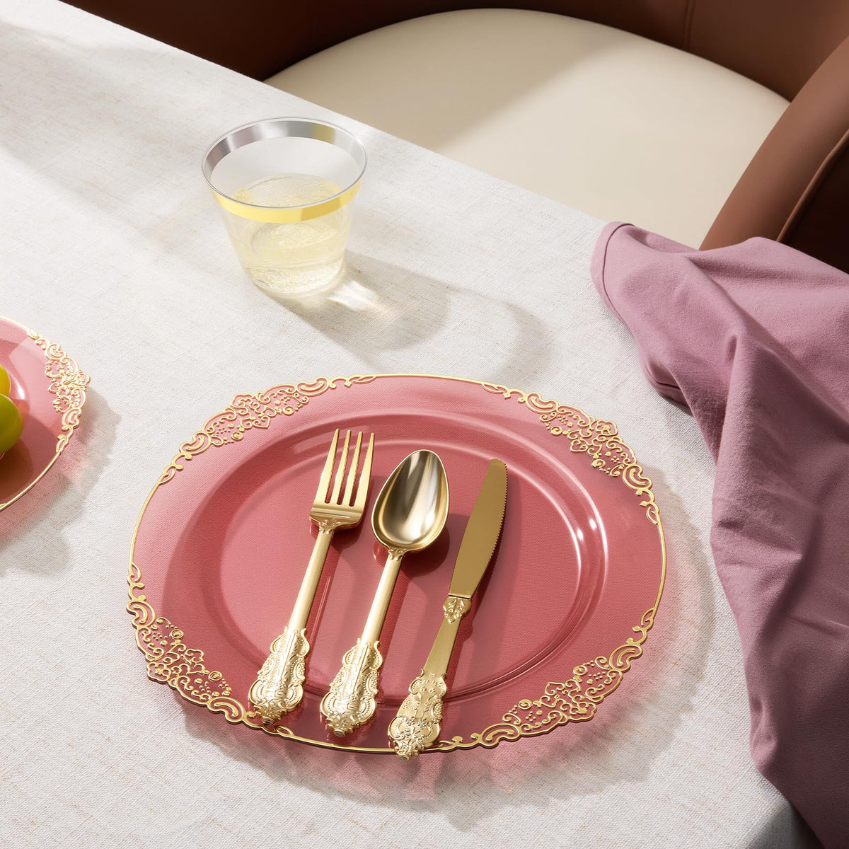 Heavy Duty Elegant Vintage Plastic Plates with Cutlery Set for Wedding, Bridal Shower, Anniversary