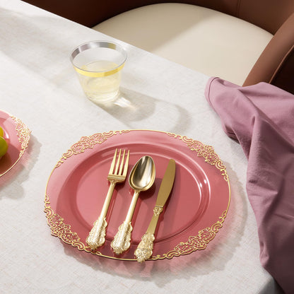 Heavy Duty Elegant Vintage Plastic Plates with Cutlery Set for Wedding, Bridal Shower, Anniversary