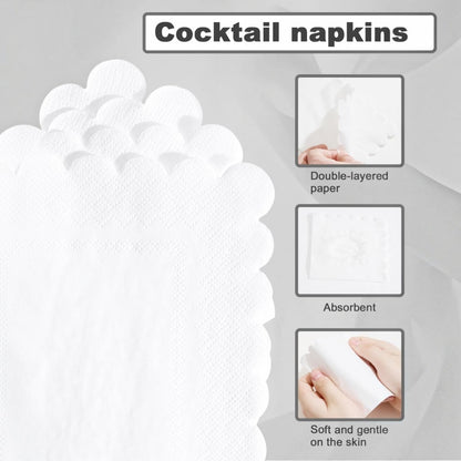 100-Pack 2-Ply 5 x 5 Inches Scalloped Disposable Napkins for Wedding, Birthday, Valentine's Day, and Baby Christening Party Decorations
