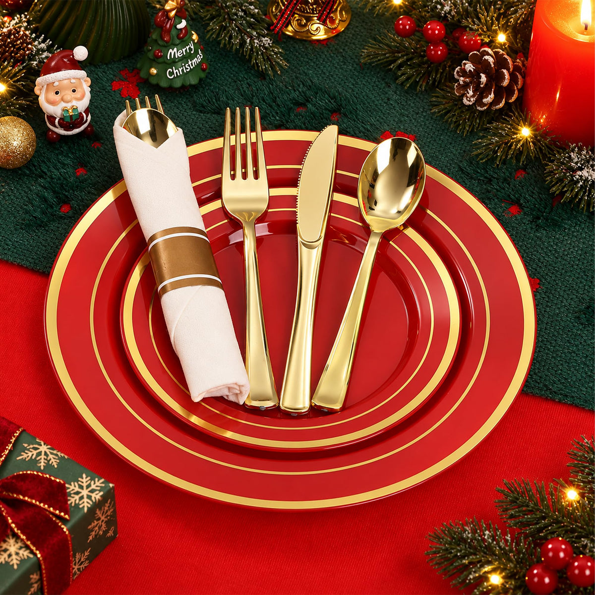 Elegant Dinnerware Set with Pre-Rolled Napkins