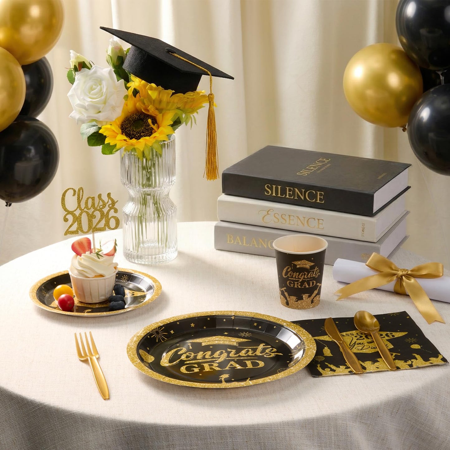 Graduation Party Supplies Include 9" & 7" Disposable Graduation Paper Plates, 9oz Cups, Napkins & Cutlery