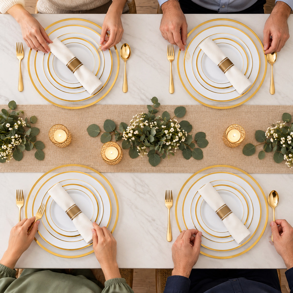 Golden Disposable Dinnerware Set with Charger for  100 Guests, ideal for Wedding, Birthday, Holiday