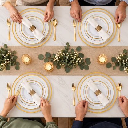 Golden Disposable Dinnerware Set with Charger for  100 Guests, ideal for Wedding, Birthday, Holiday