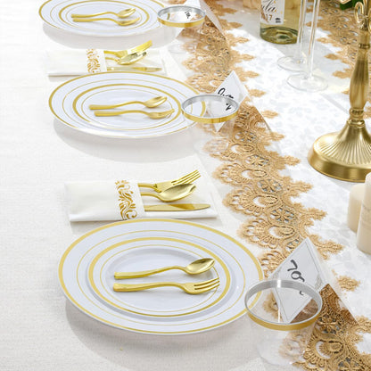 Goodluck  Disposable Elegant Gold Plastic Dinnerware Set for Weddings, Parties, Graduation, Includes: Plates, Place Cards, Cups,  Spoons, Forks, Knives, Napkins