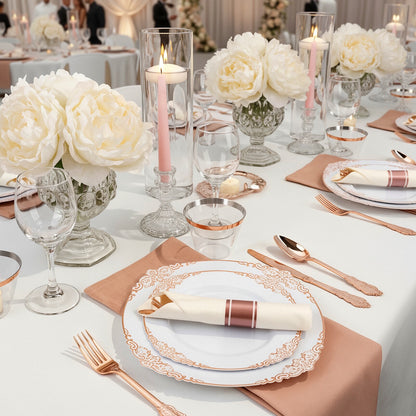 Vintage Disposable Plastic Dinnerware Sets with Gold Pattern Rim