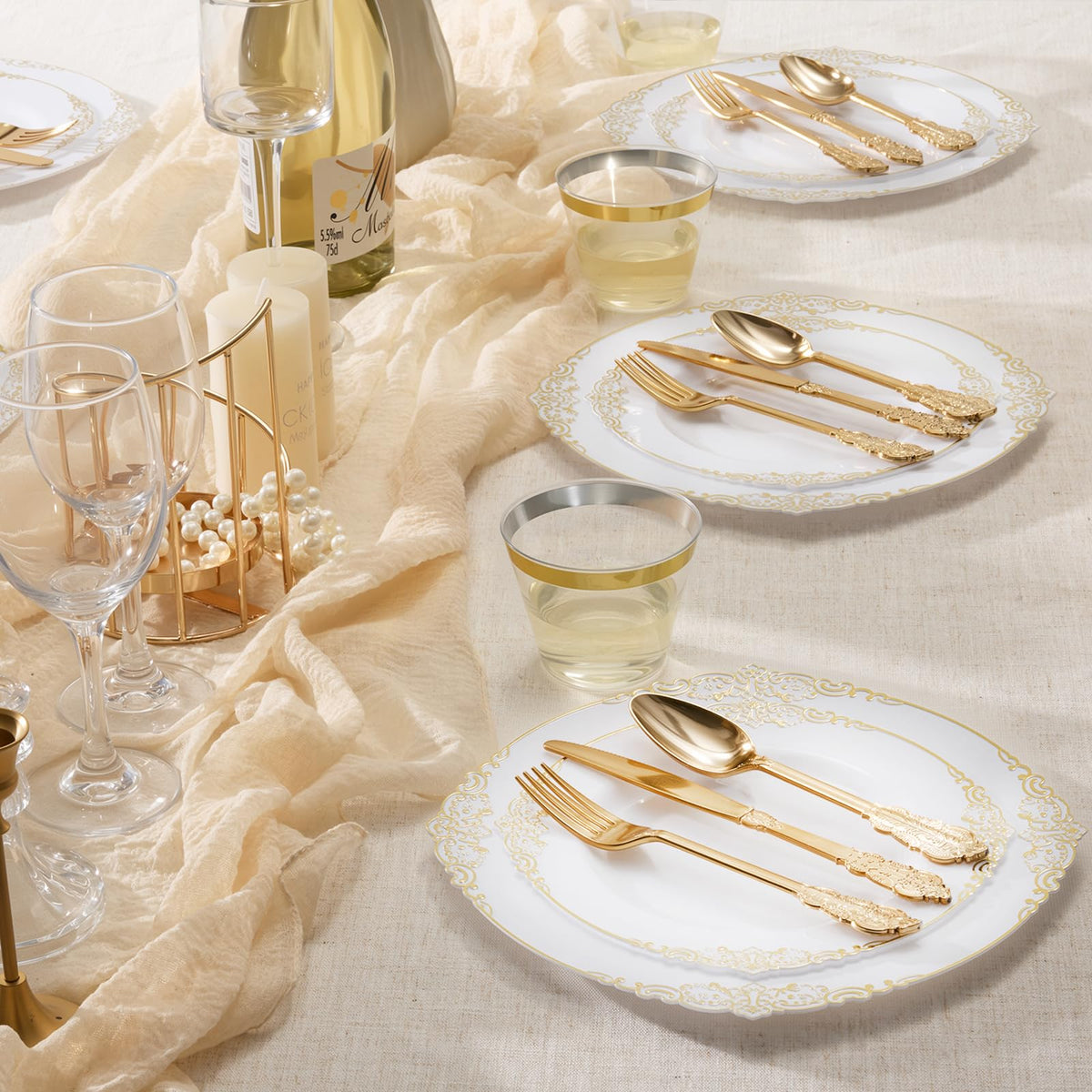 Heavy Duty Elegant Vintage Plastic Plates with Cutlery Set for Wedding, Bridal Shower, Anniversary