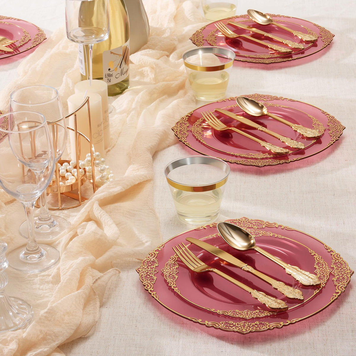 Heavy Duty Elegant Vintage Plastic Plates with Cutlery Set for Wedding, Bridal Shower, Anniversary