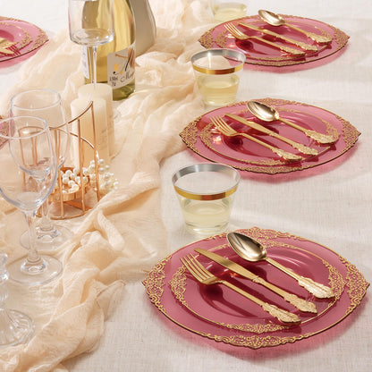 Heavy Duty Elegant Vintage Plastic Plates with Cutlery Set for Wedding, Bridal Shower, Anniversary