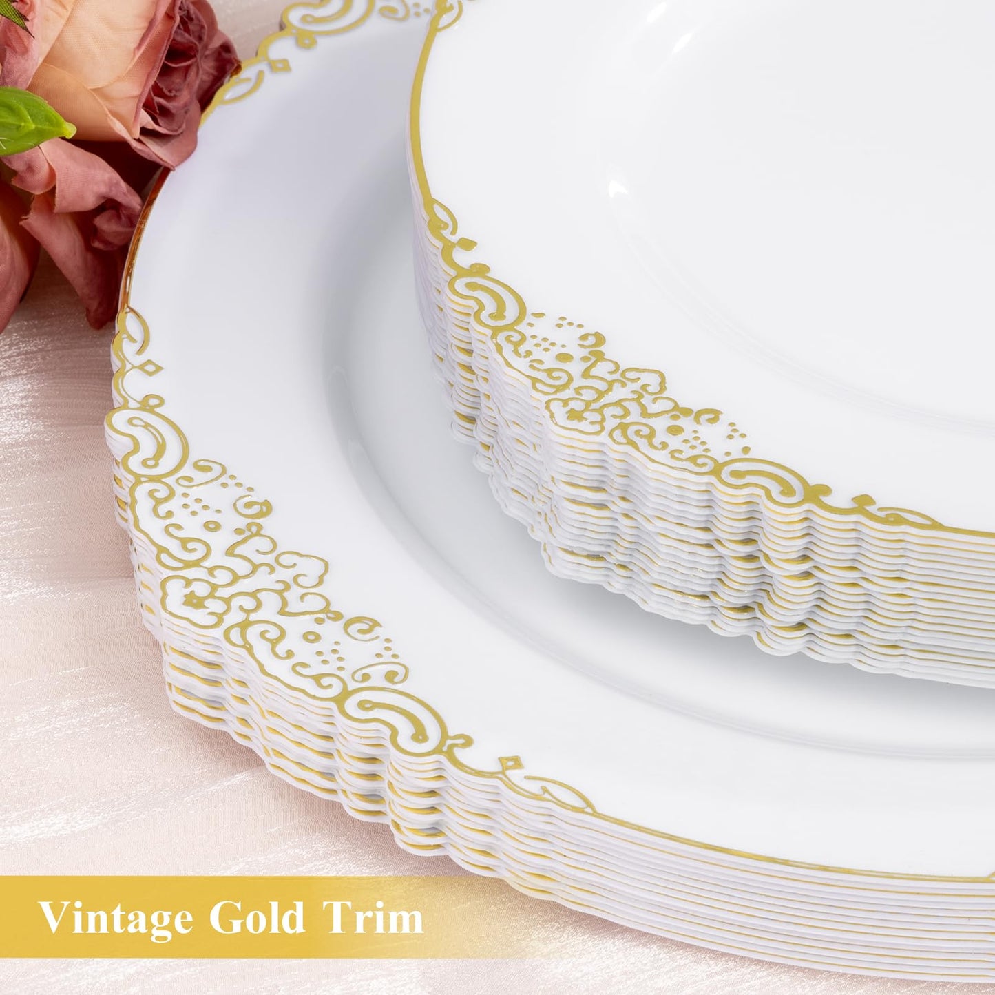 100PCS 10.25-inch Disposable Heavy Duty Vintage Plastic Plates for Wedding, Party, and Daily Use