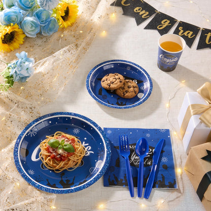 Graduation Party Supplies Include 9" & 7" Disposable Graduation Paper Plates, 9oz Cups, Napkins & Cutlery