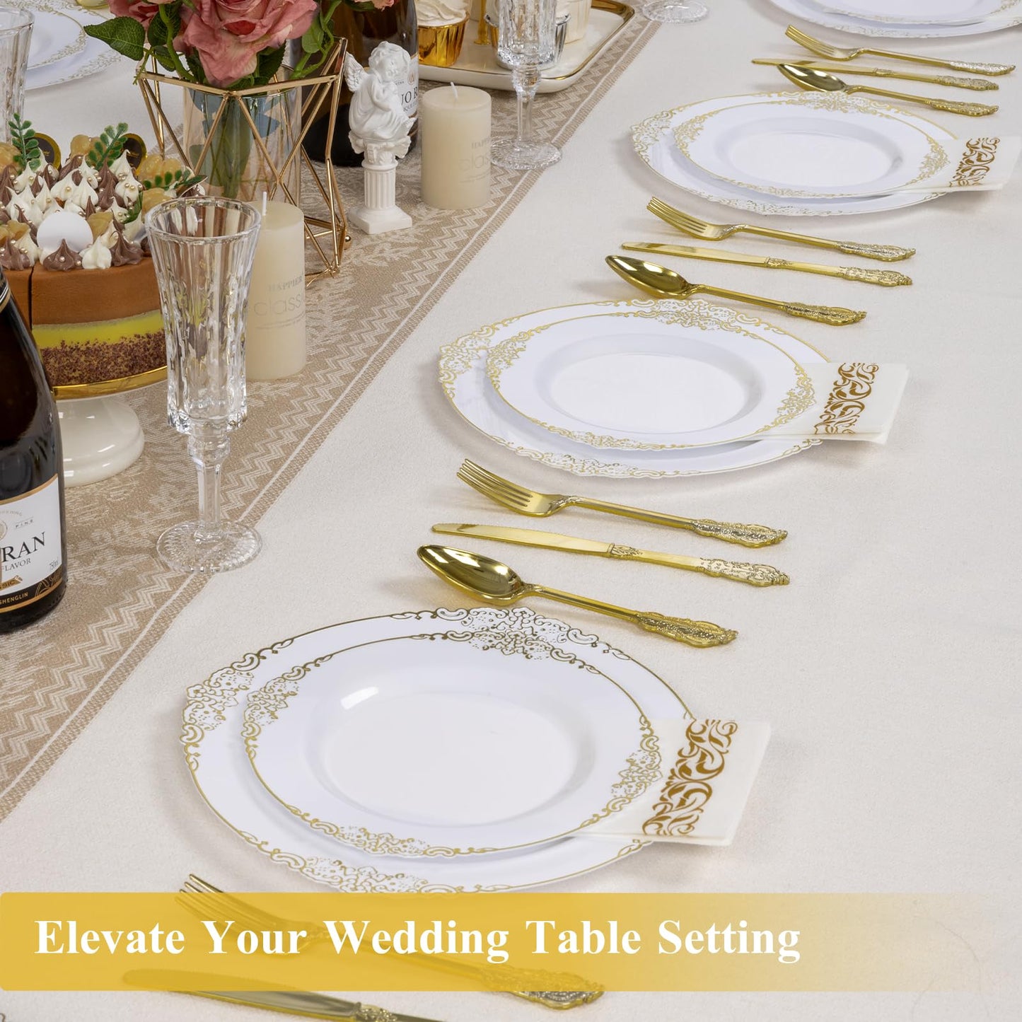 100PCS 10.25-inch Disposable Heavy Duty Vintage Plastic Plates for Wedding, Party, and Daily Use