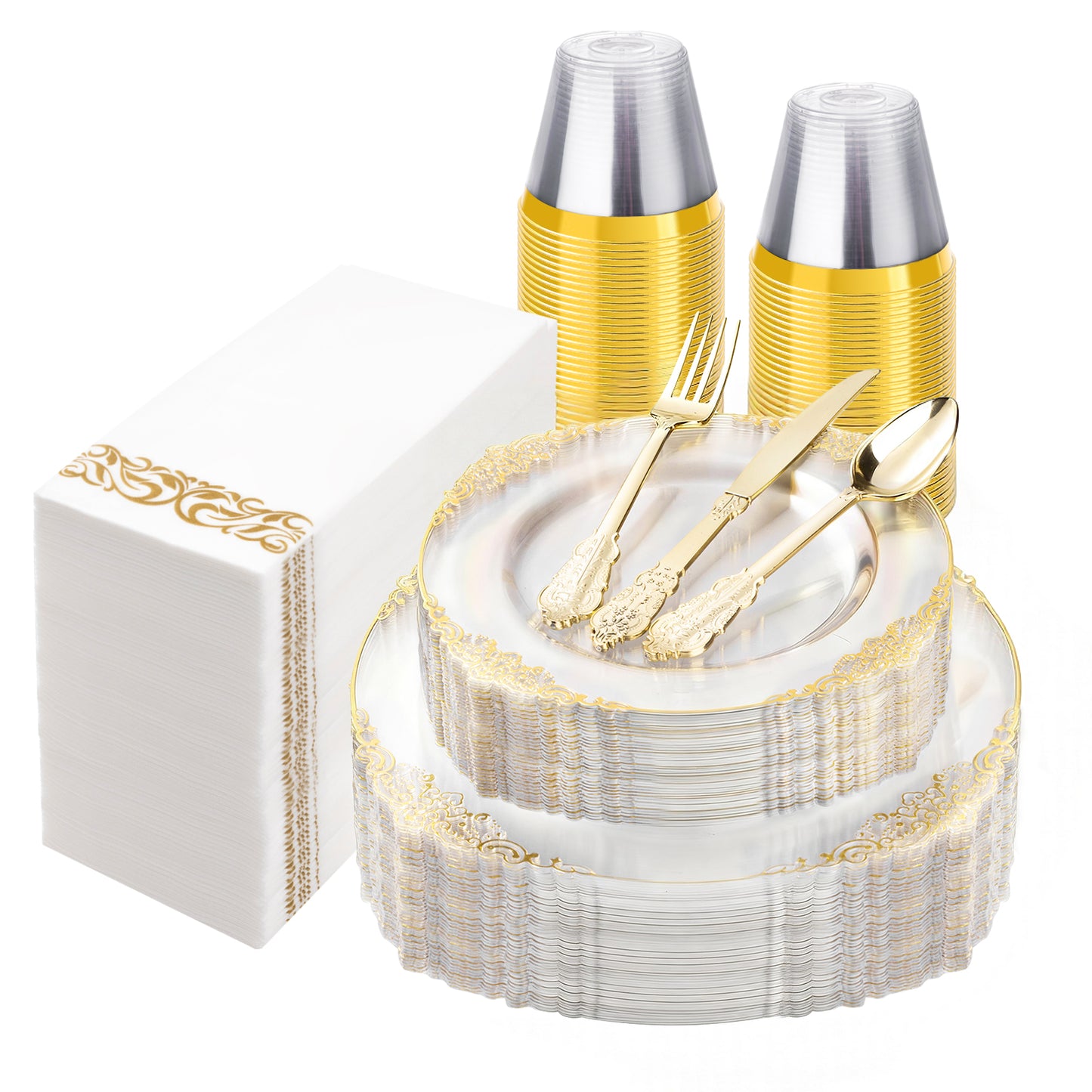 Luxury Look Retro Clear with Gold Rim Dinnerware Set for Party, Wedding