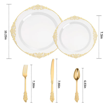 Heavy Duty Elegant Vintage Plastic Plates with Cutlery Set for Wedding, Bridal Shower, Anniversary